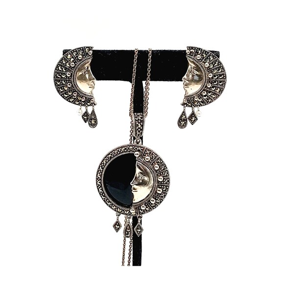 Sterling Jewelry - Celestial Sterling Pendant Necklace Earrings  Black Onyx Marcasite Man-in-Moon